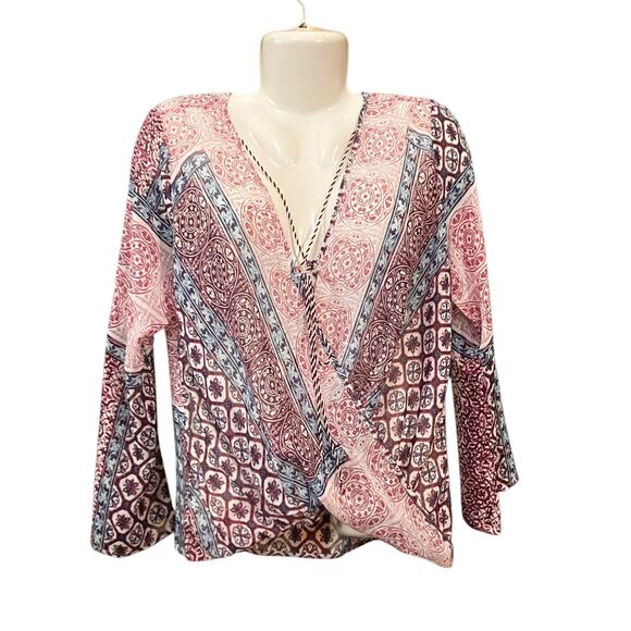 Venus Women's Multicolor Boho-Inspired Print Surplice Neckline Sheer Blouse SZ M - Picture 5 of 11